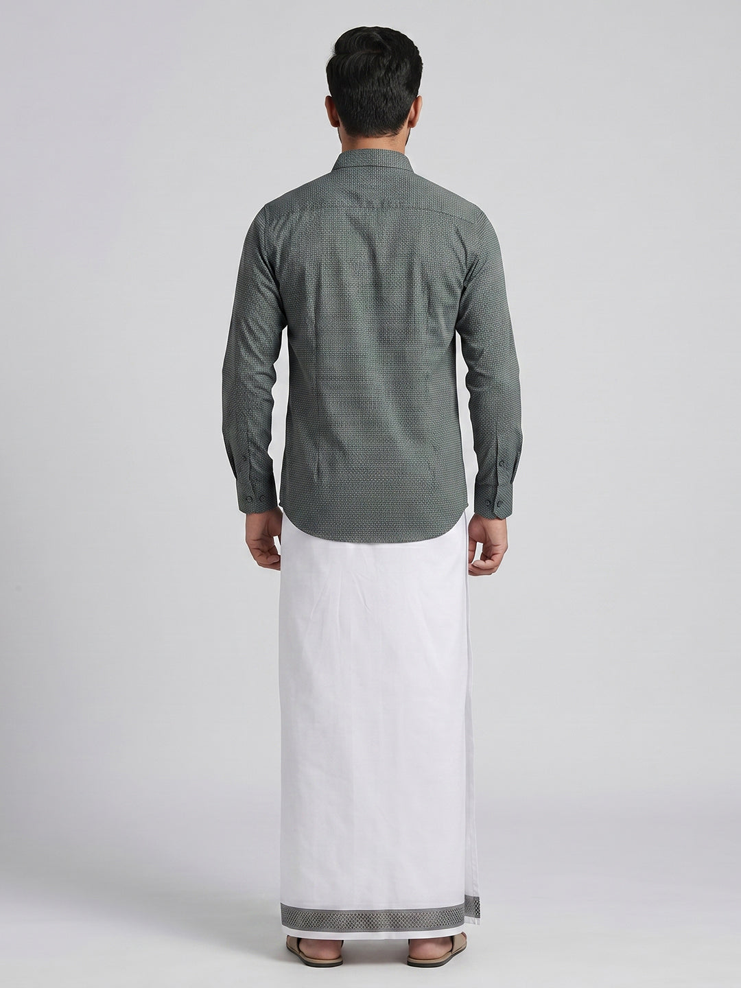 Men Teal Green Matching Border Dhoti With Printed Shirt Set Windsor HNJ5