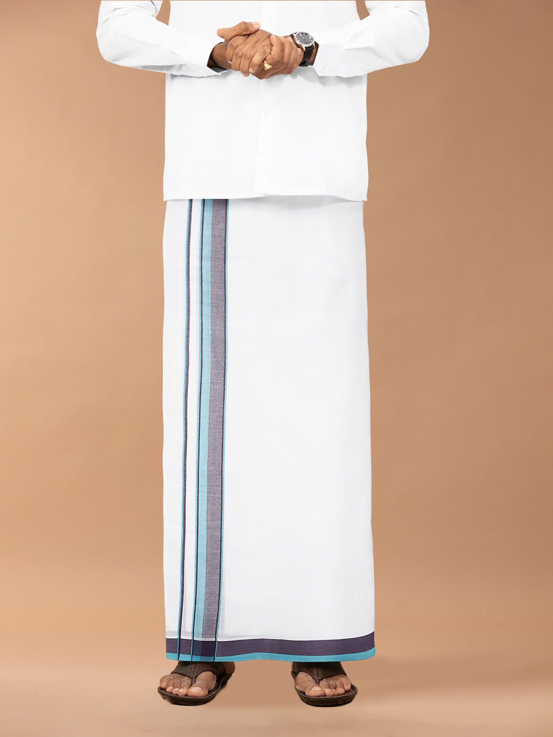 Mens Premium Handloom Dhoti Violet with Blue Fancy Border HLM01