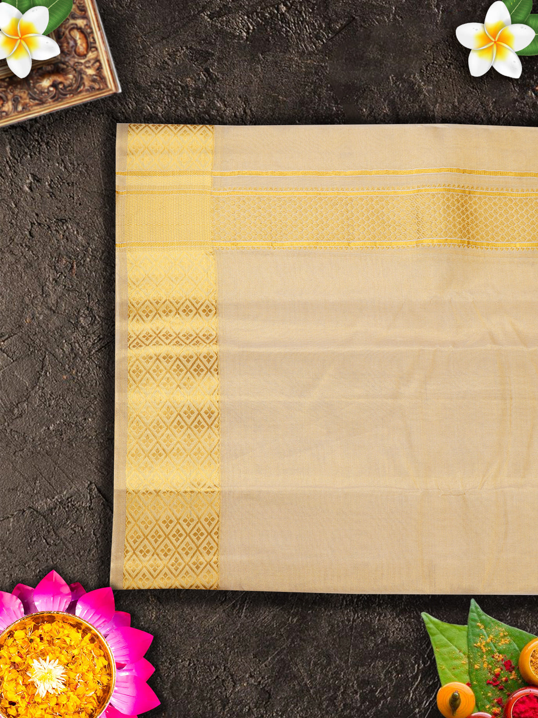 Pure Silk Embossed Tissue 3" Gold Jari Border Dhoti With Towel Thirukalyan (9+5)-View four