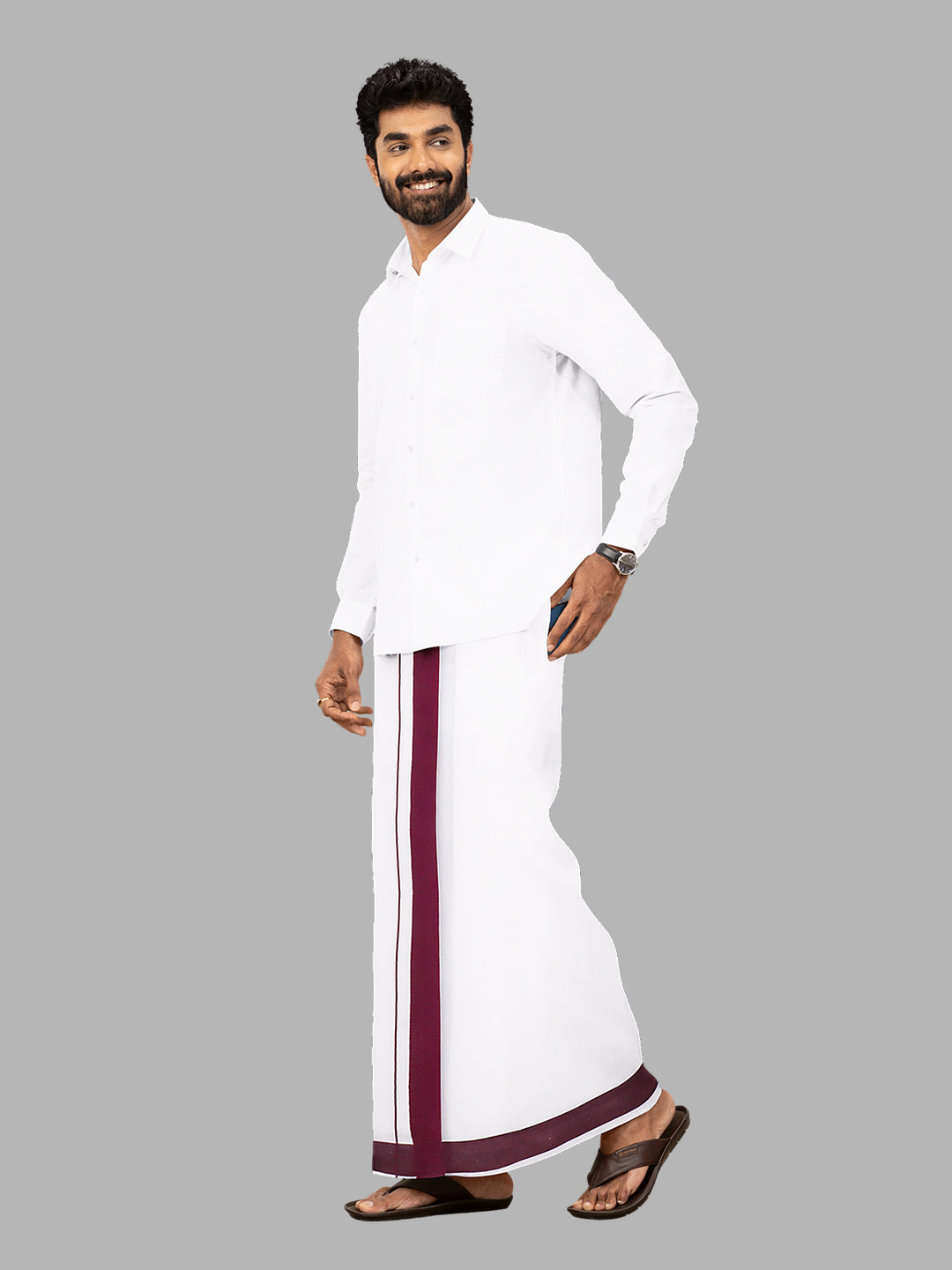 Men Purple Border Single Layer Adjustable Pocket Dhoti GACS4