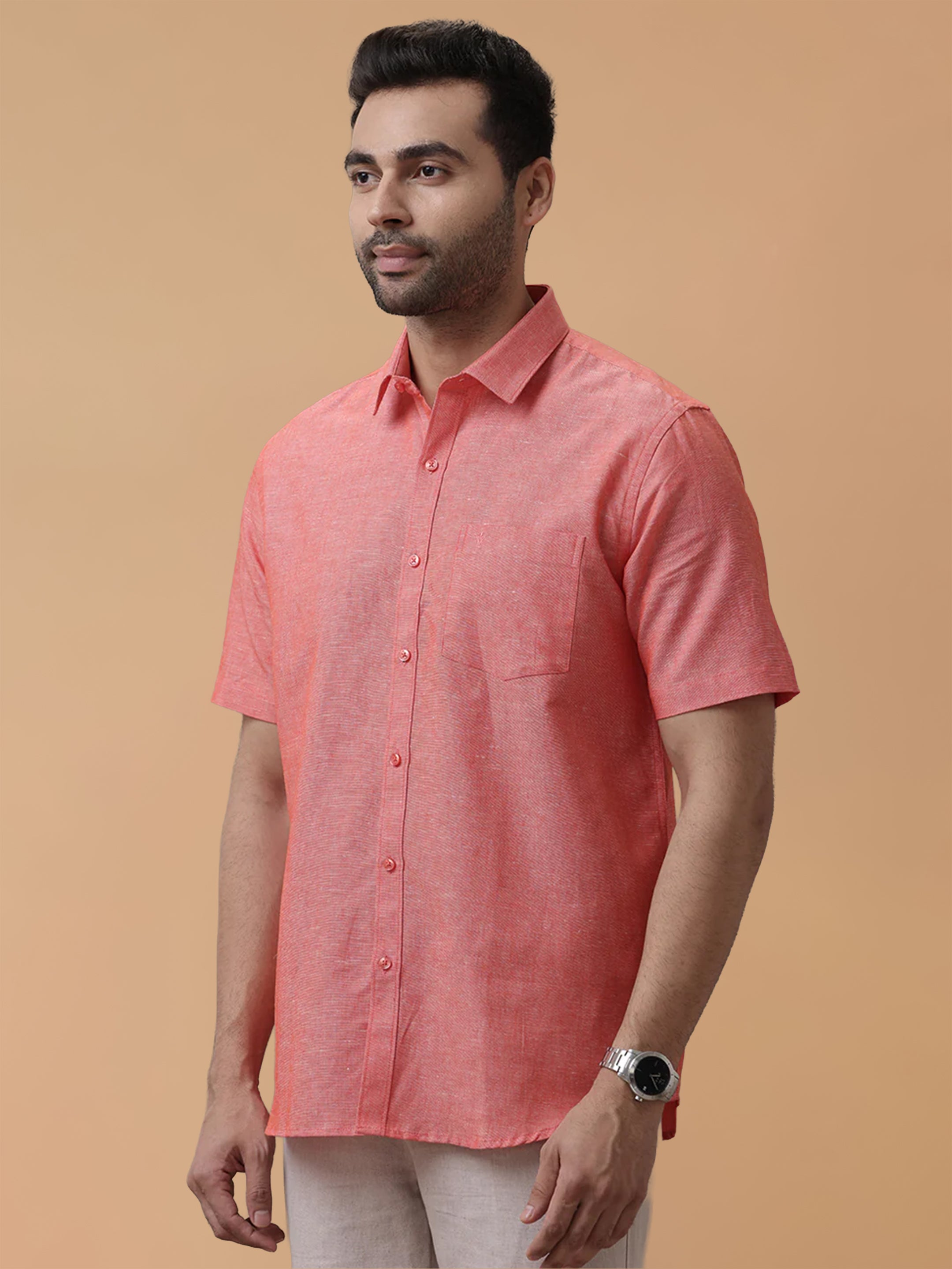 Linen Cotton Orangy Red Regular Fit Shirt LF5