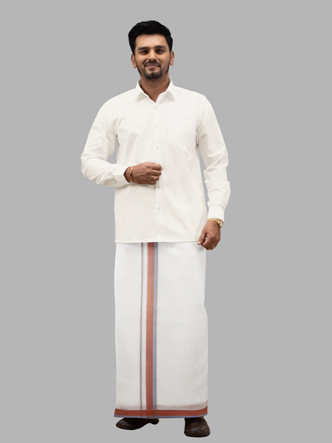 Men Brown Fancy Border Double Layer White Dhoti RVS02