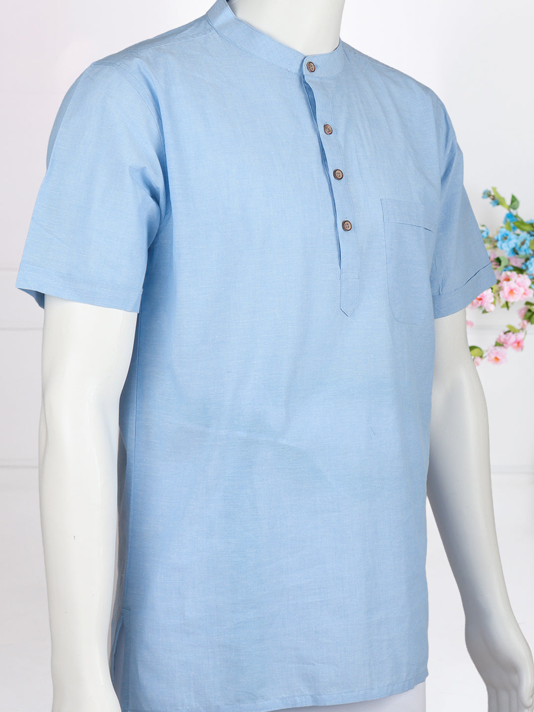 Men Cotton Short Length Plain Pocket Kurta Light Blue PC28