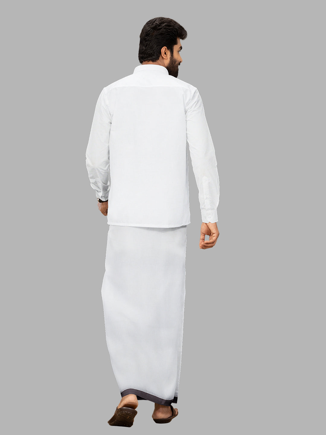 Men Violet Fancy Border Double Layer White Dhoti SSS01