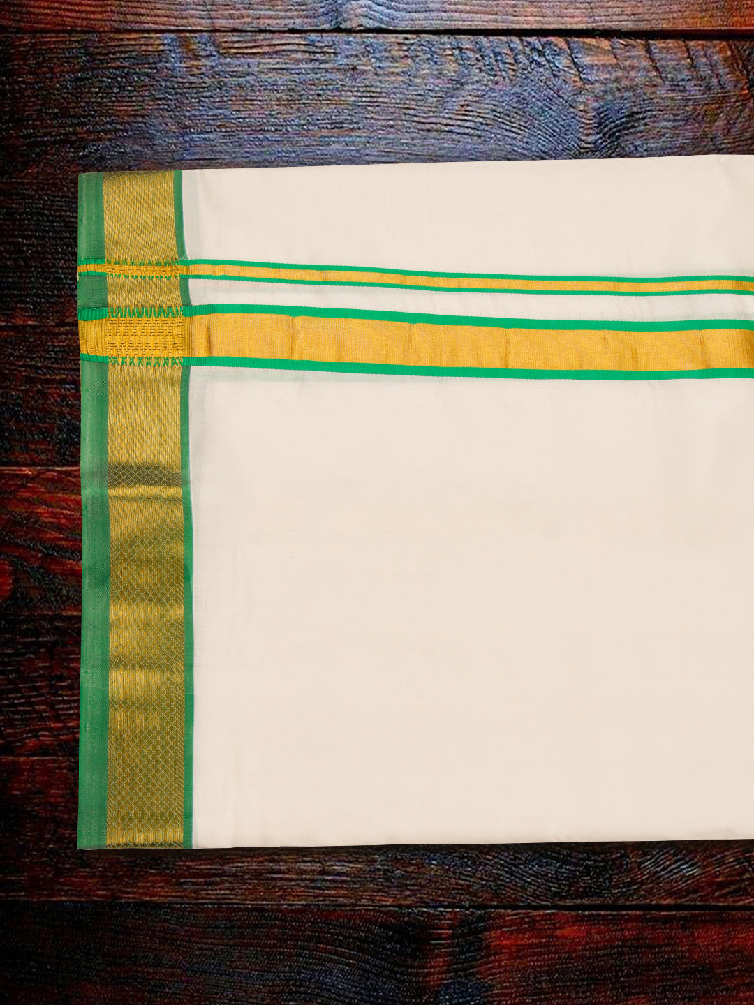 Premium Pure Silk Cream Dhoti with 1" Gold Jari Mixing Green Color Fancy Border "Upasana"