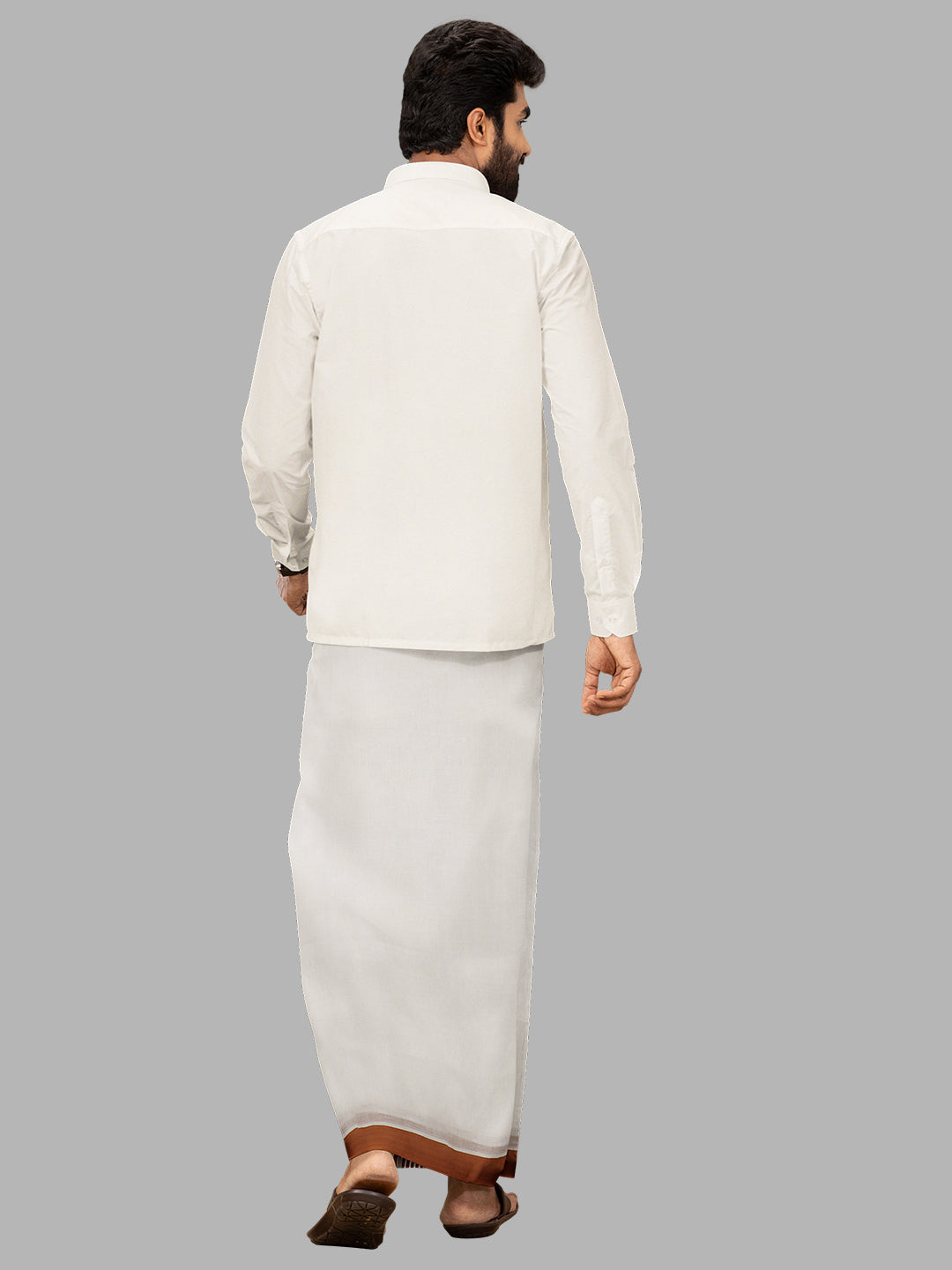 Men Brown Fancy Border Double Layer White Dhoti RF01