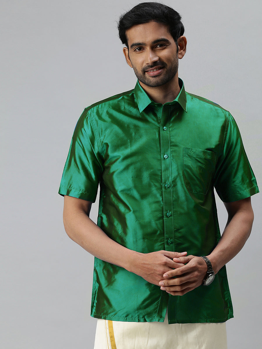 Mens Silk Feel Dark Green Half Sleeves Shirt SFC06