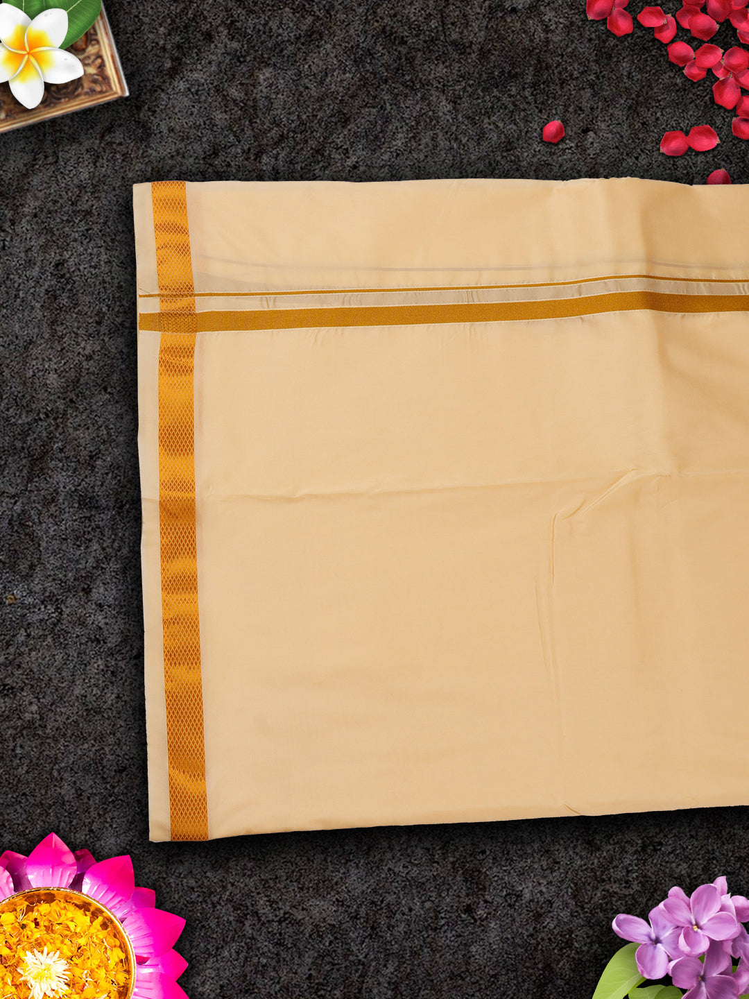 Mens Premium Art Silk Light Sandal Shirting & Gold Jari Border Panchakacham Set 9+5 Ashirwath-View five