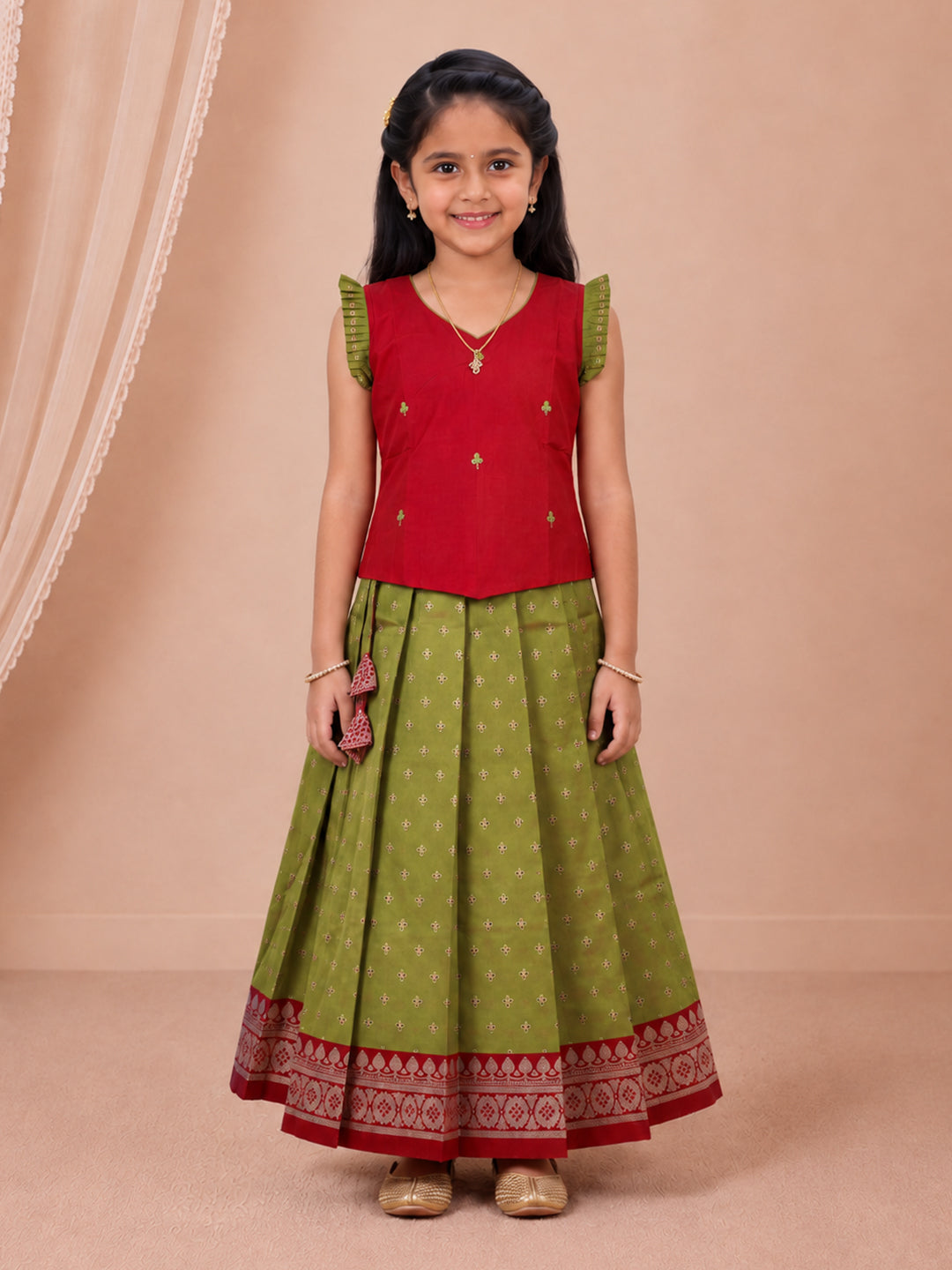 Girls Art Silk Maroon with Green Pattu Pavadai Set GPS65