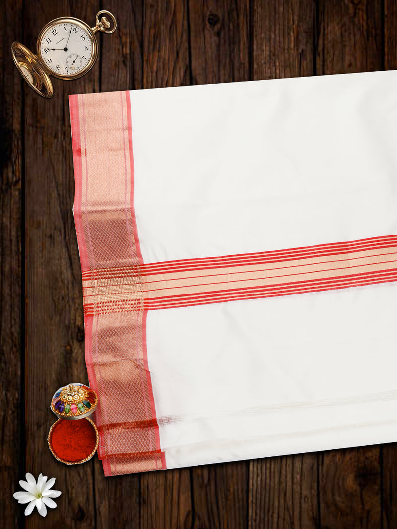 Premium Pure Silk White Dhoti with 2" Red Fancy Jari Border Upasana