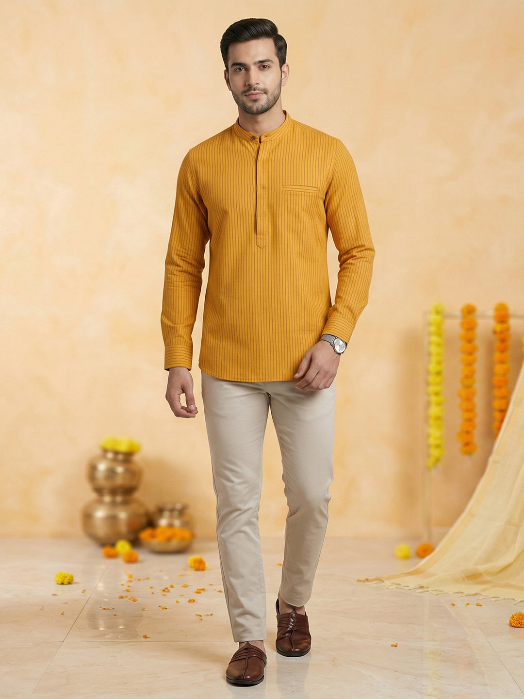 Men Cotton Short Length Self Design with Stripes Pocket Kurta Orange Saffron Y29