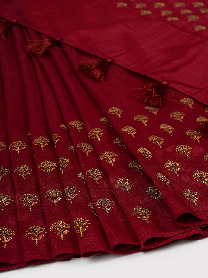 Womens Semi Tussar Flower Embroidery Maroon Colour Saree ST80