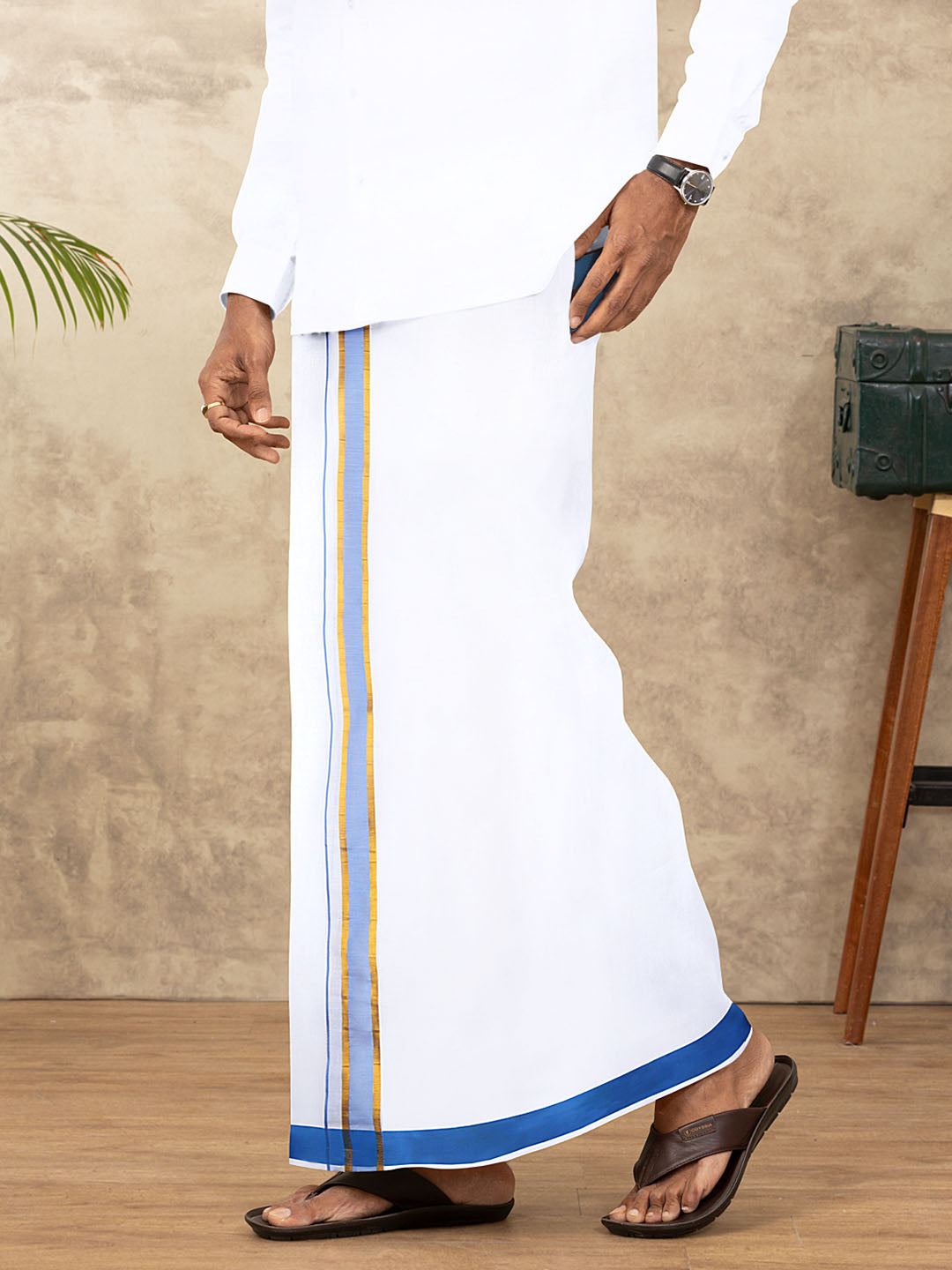 Men Cotton Blend Readymade Double Layer White Dhoti with Fancy Jari Border GFDA09