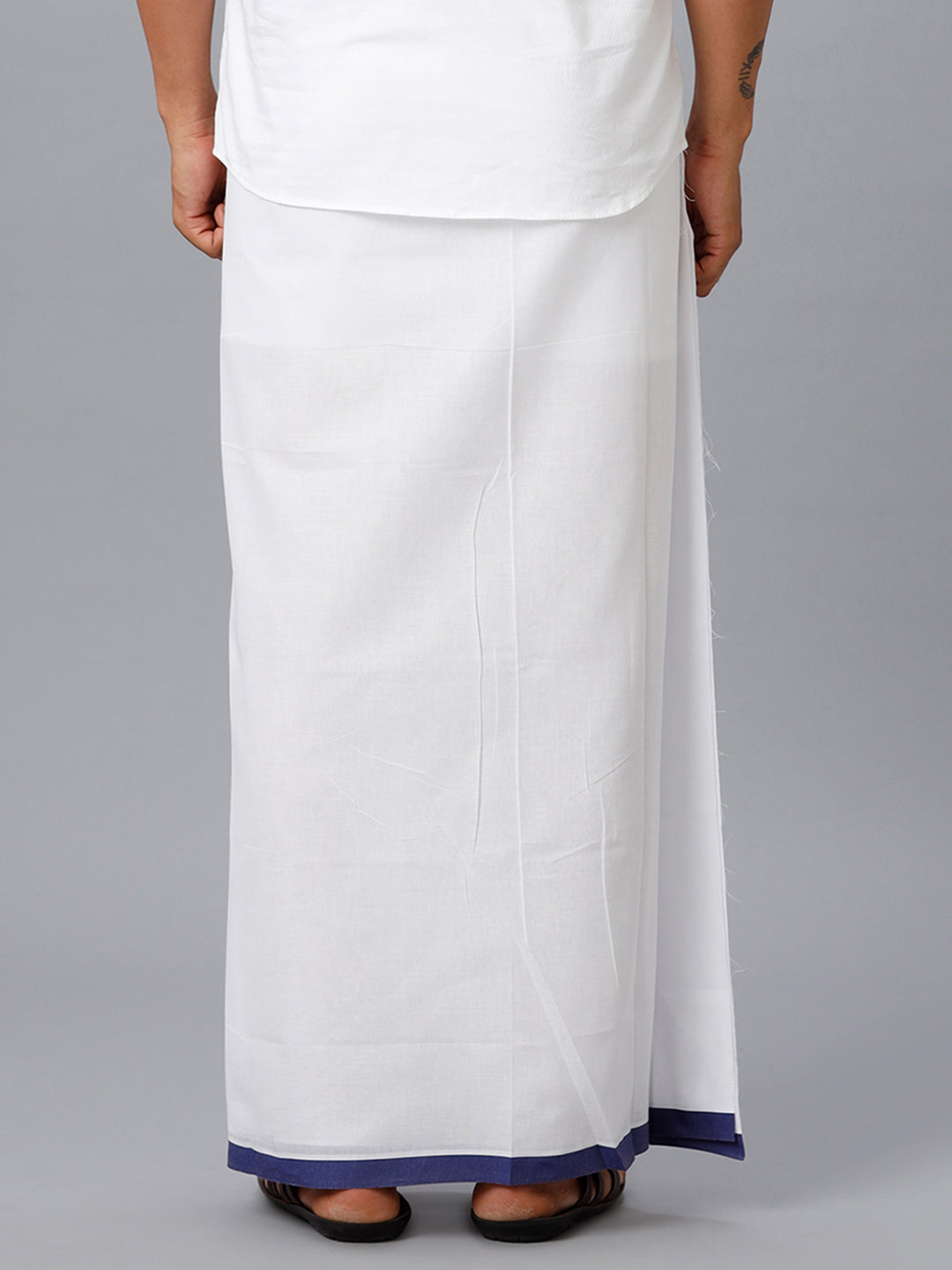 Mens Cotton White Double Dhoti with Navy Border Anchor Fancy-Backview