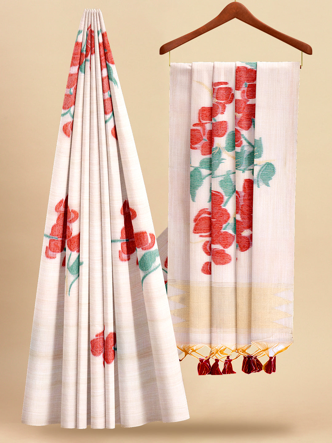 Women Grand Look Cream Semi Raw Silk Weaving Saree - SRS34