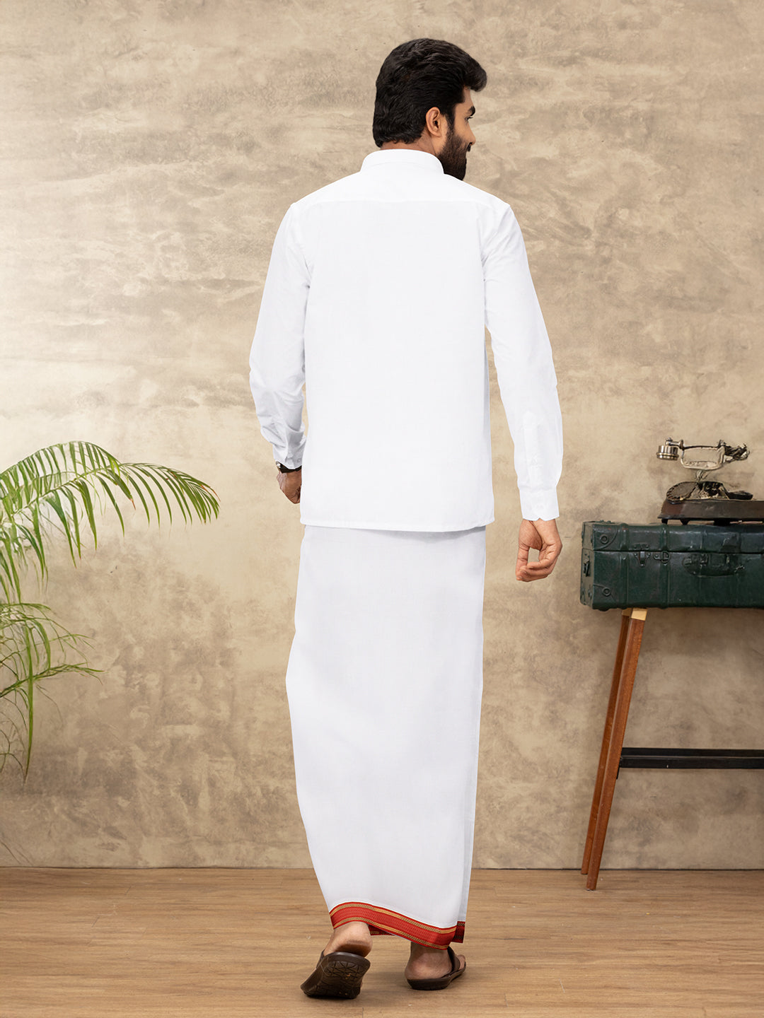 Men 100% Cotton Double Layer White Dhoti with Fancy Jari Border RF05