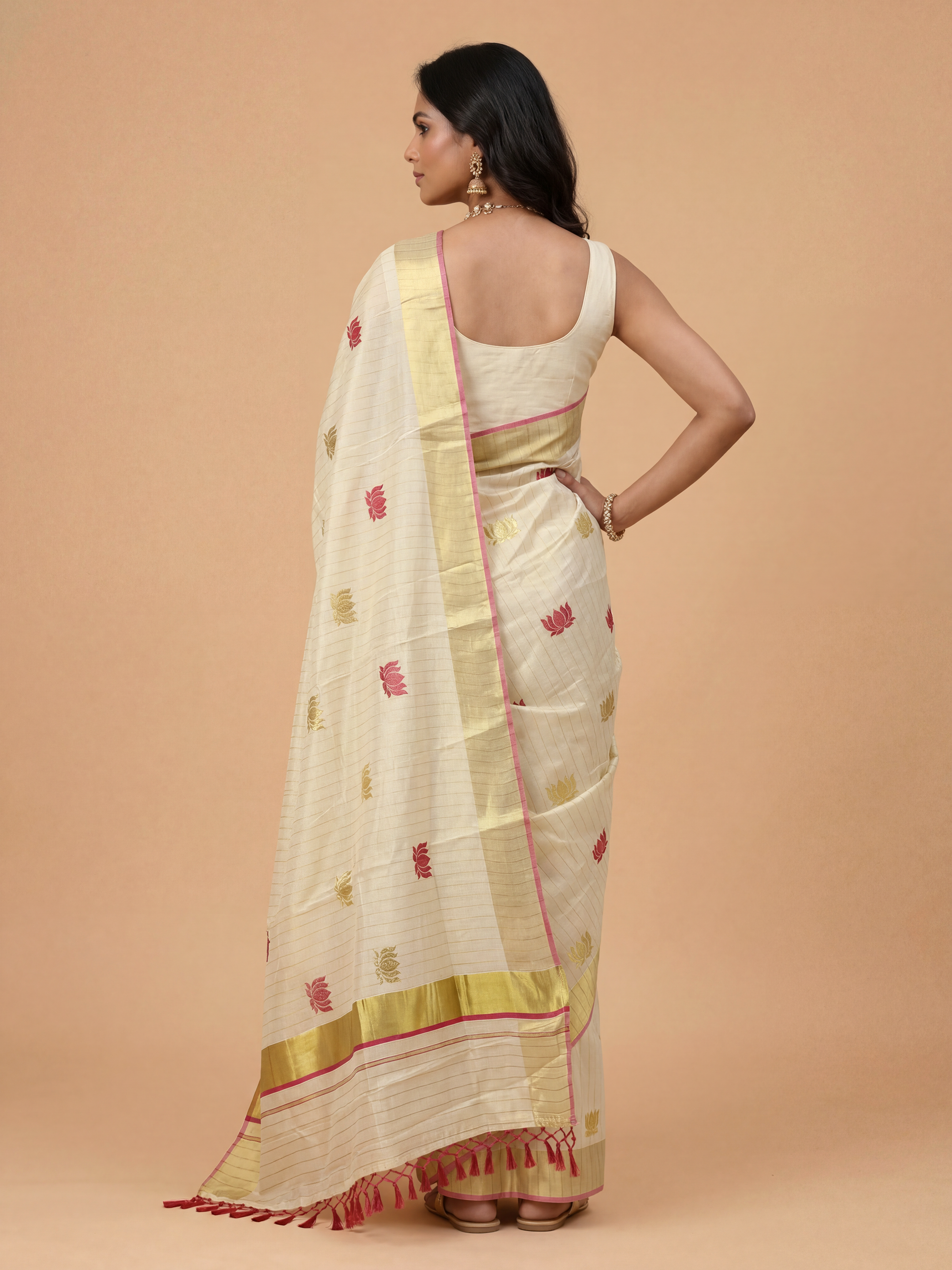 Women Tissue Cream Embroidered Kerala Saree KLS22