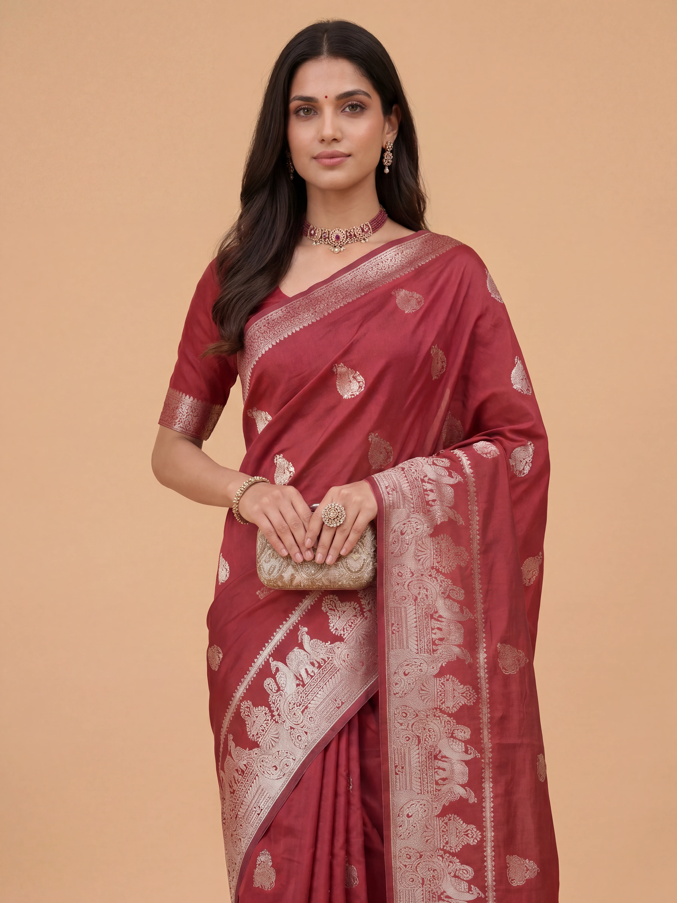 Women Semi Raw Silk Dark Pink Saree SRS117