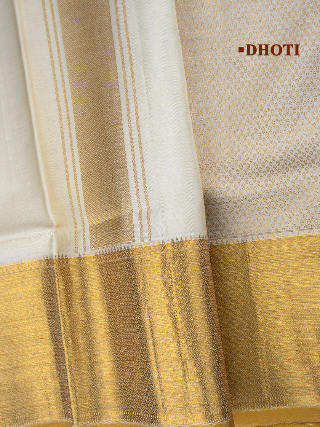 Men Premium Pure Silk Cream Dhoti & Towel Set with 6" inch Gold Jari Border Amirtham AM18
