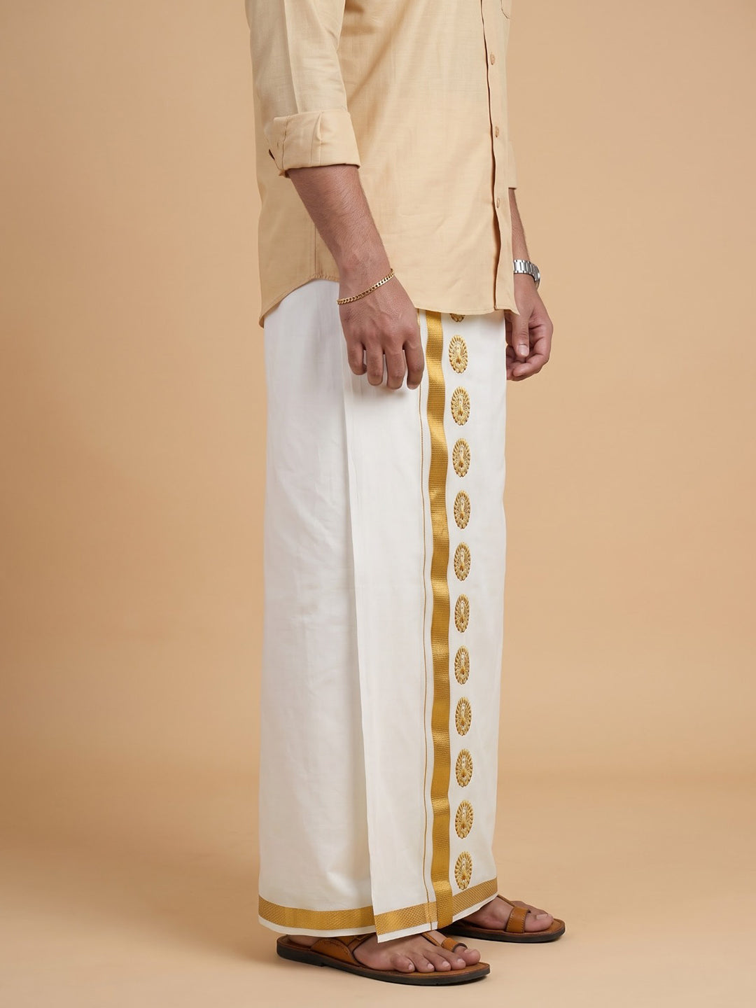 Double Layer Cotton Cream Dhoti with Colour Jari Border - GCC01