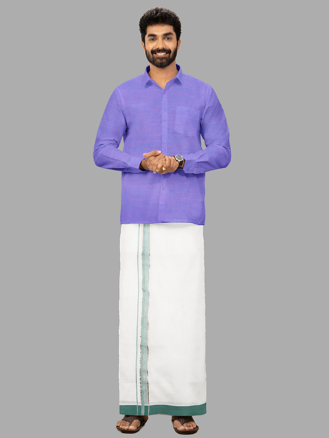 Men Green Fancy Jari Border Single Dhoti HJF02