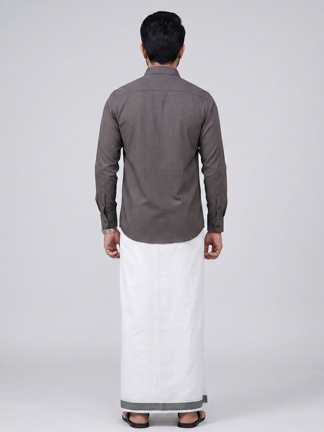 Men Greyish Black Matching Border Dhoti With Printed Shirt Set Windsor HNJ7