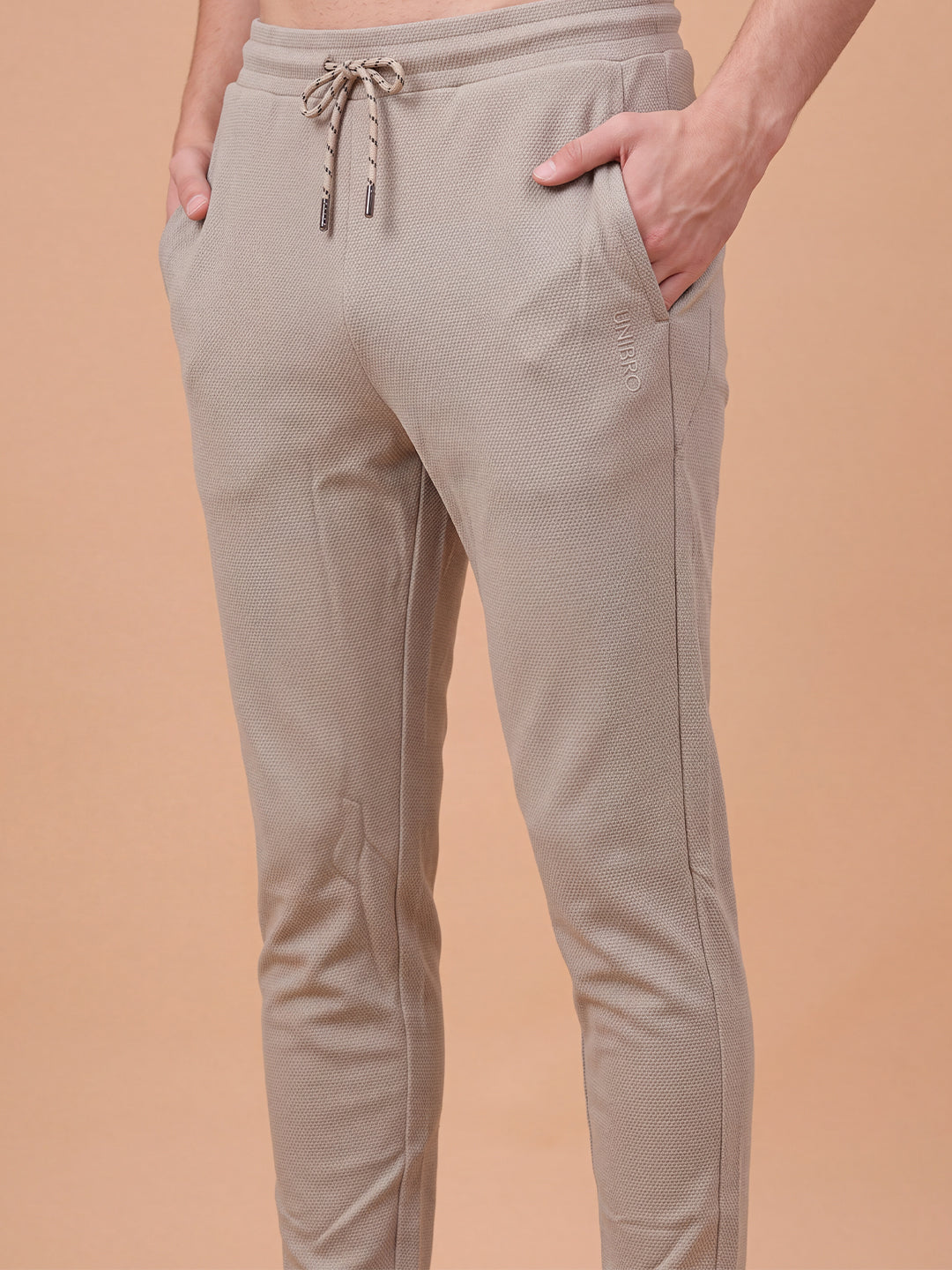 Cotton Rich Popcorn Structured Fabric Beige Track Pants PTK2