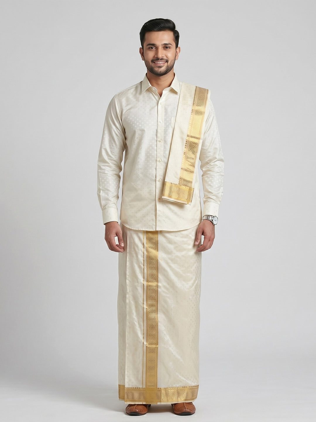 Men Art Silk Cream Self Design Shirt & Dhoti Towel Set Parinayam Grand CRJD1