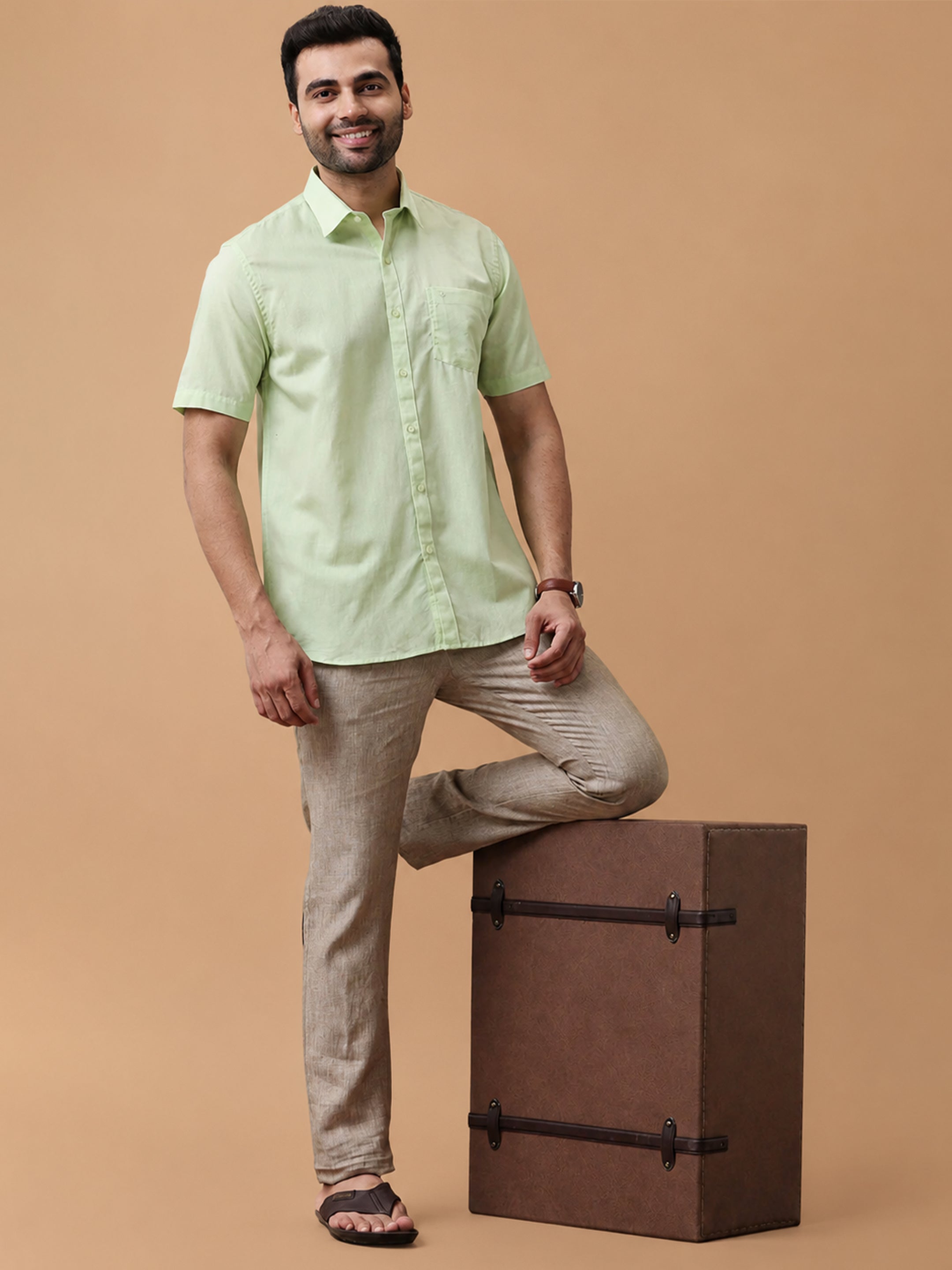 Linen Cotton LT Pale Green Regular Fit Shirt LF21