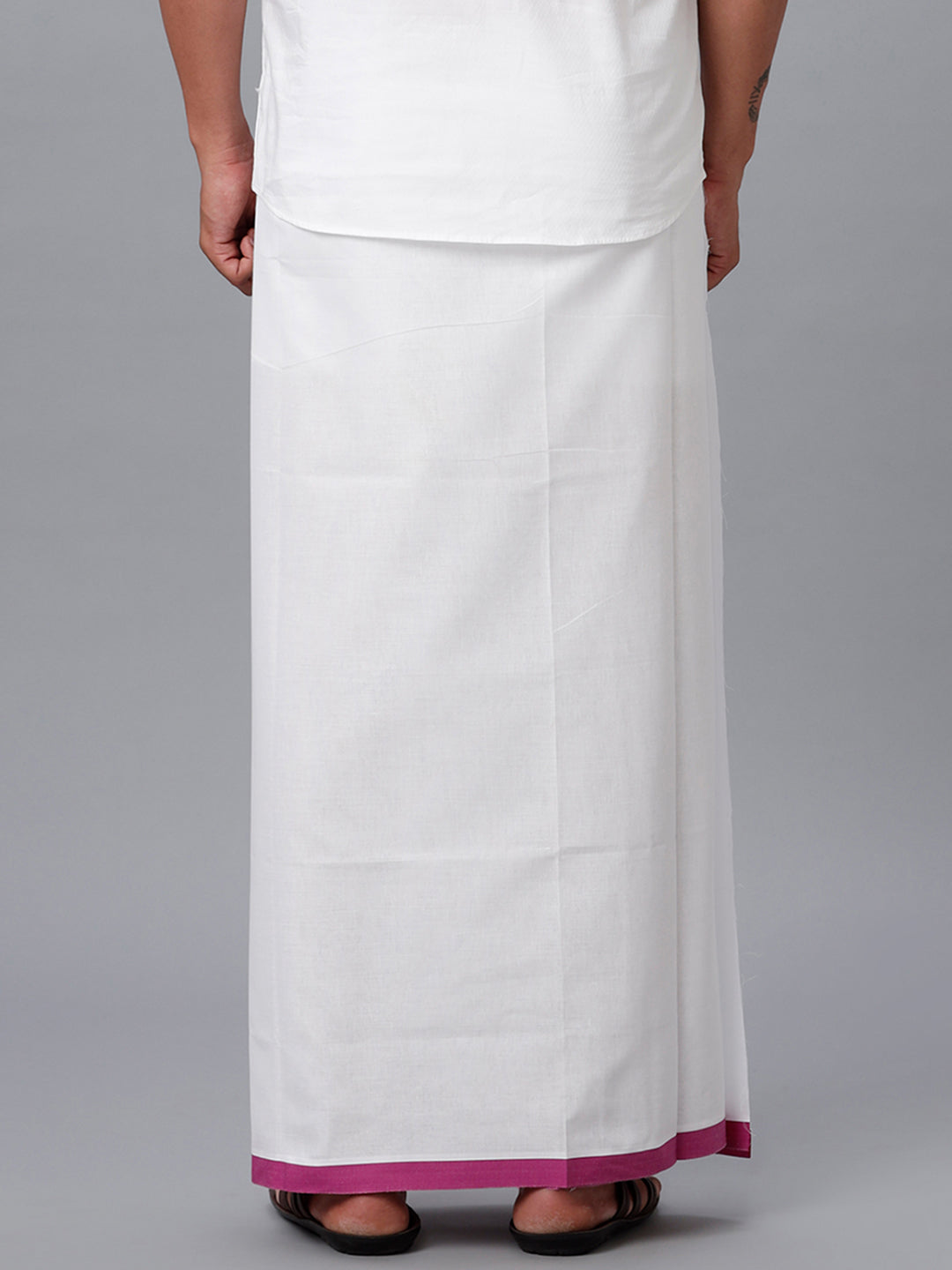 Mens Cotton White Double Dhoti with Purple Border Anchor Fancy-Back view