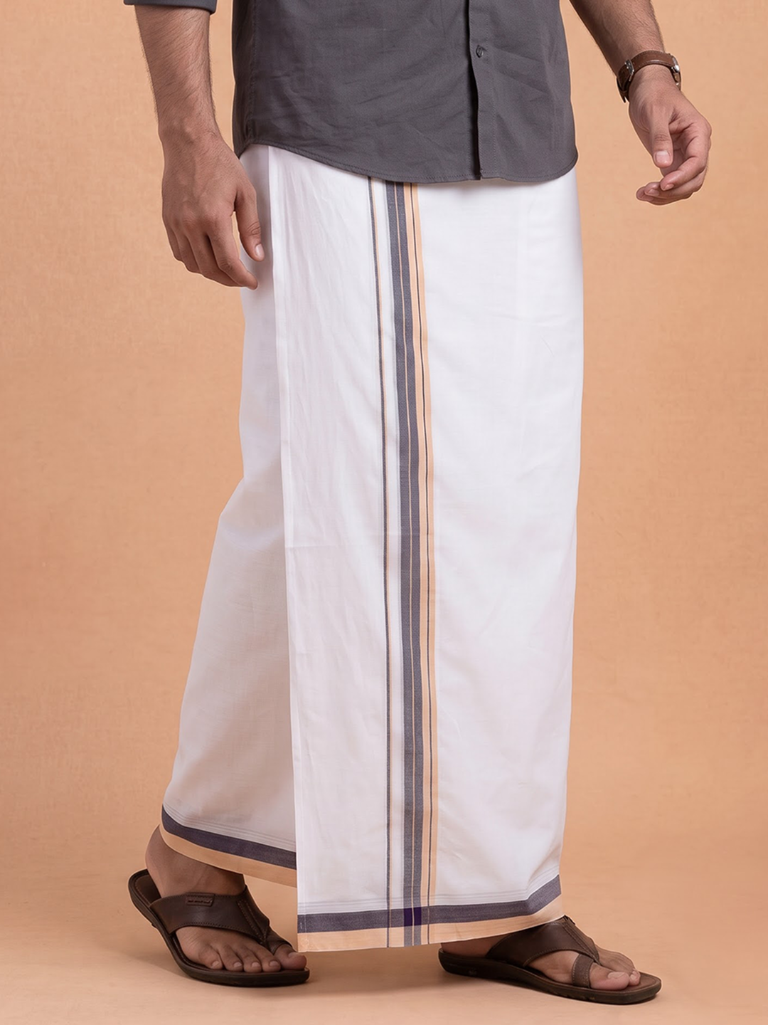 Double Layer 100% Cotton White Dhoti With Colour Jari Border - EJF26
