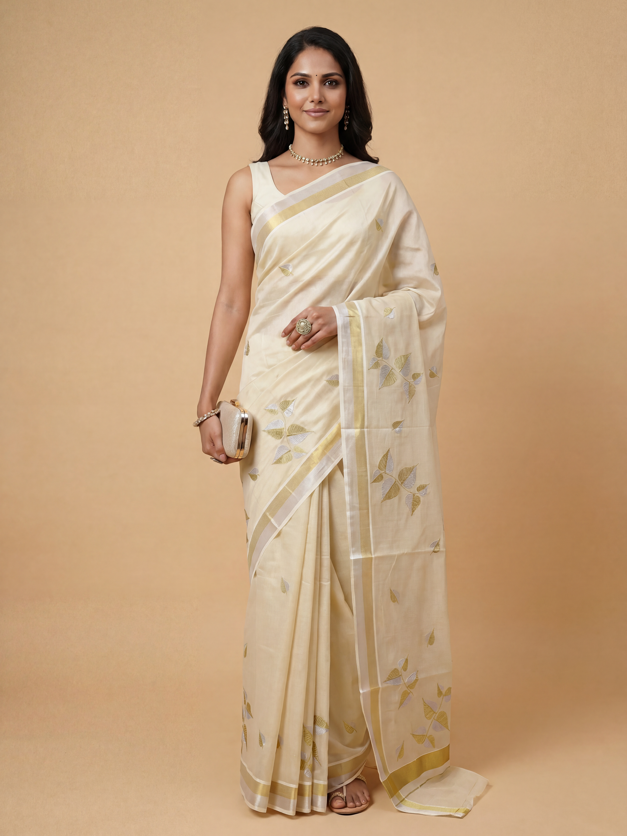Women Tissue Cream Embroidered Kerala Saree KLS16
