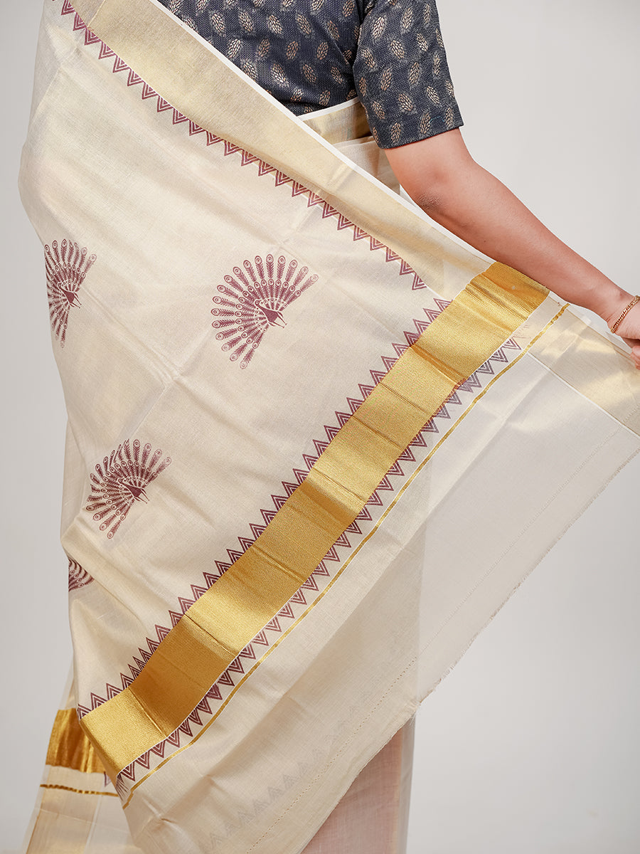 Womens Kerala Tissue Peacock Printed Gold Jari & Brown Border Saree OKS14 Onam Collction
