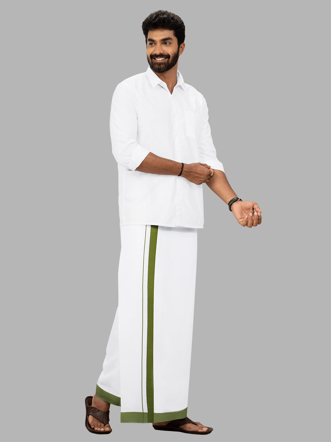 Men Green Border Single Layer Adjustable Pocket Dhoti GACS2