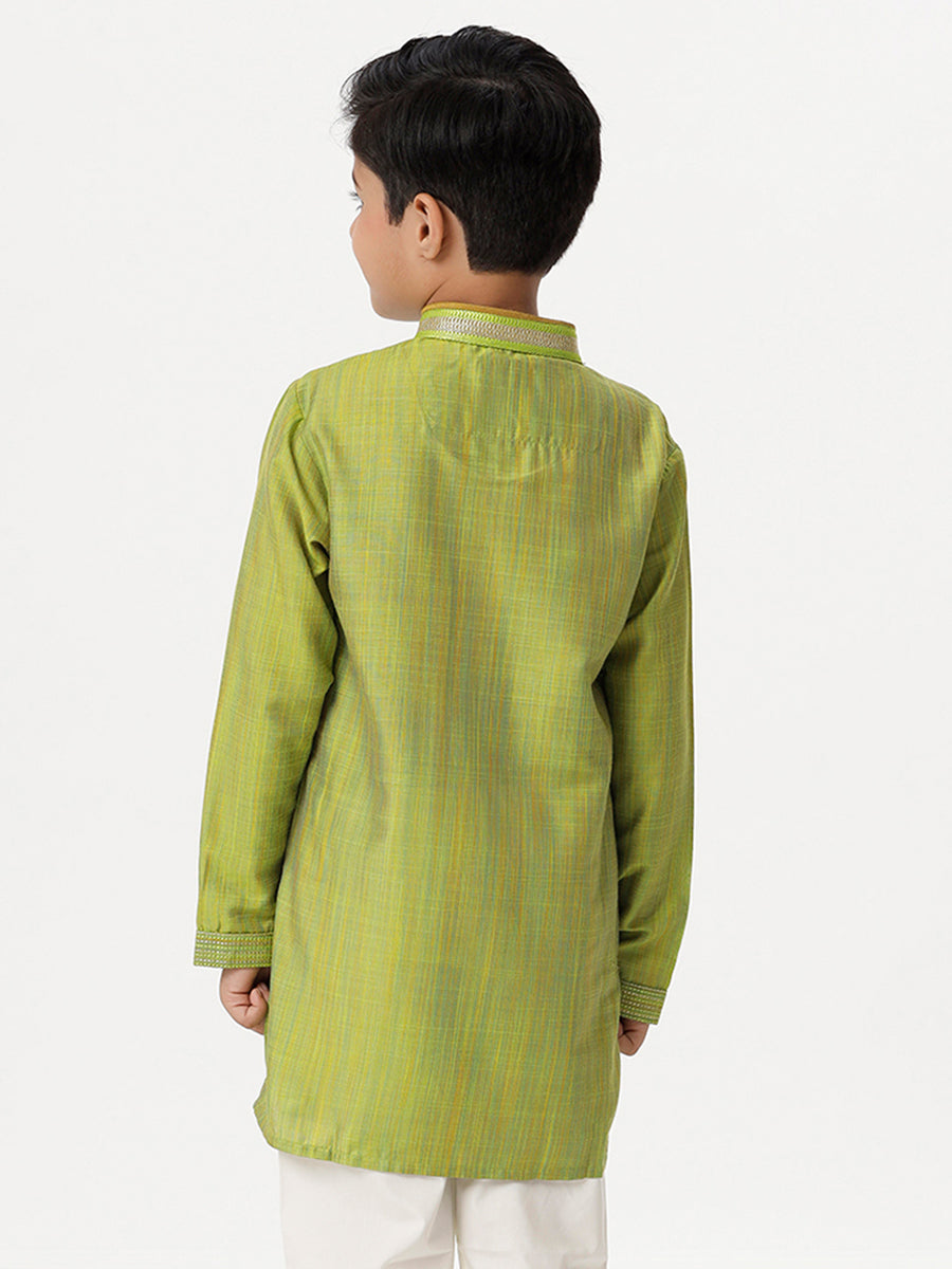 Boys Cotton Embellished Neckline Full Sleeves Parrot Green Kurta-Back view
