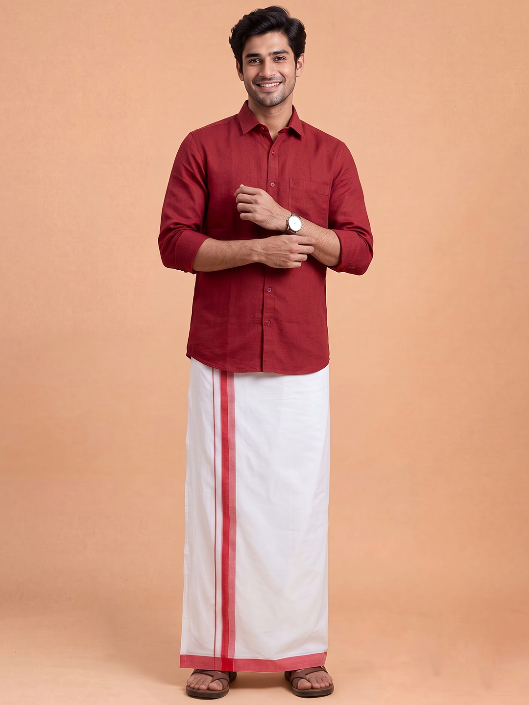 Double Layer 100% Cotton White Dhoti With Colour Jari Border - EJF33