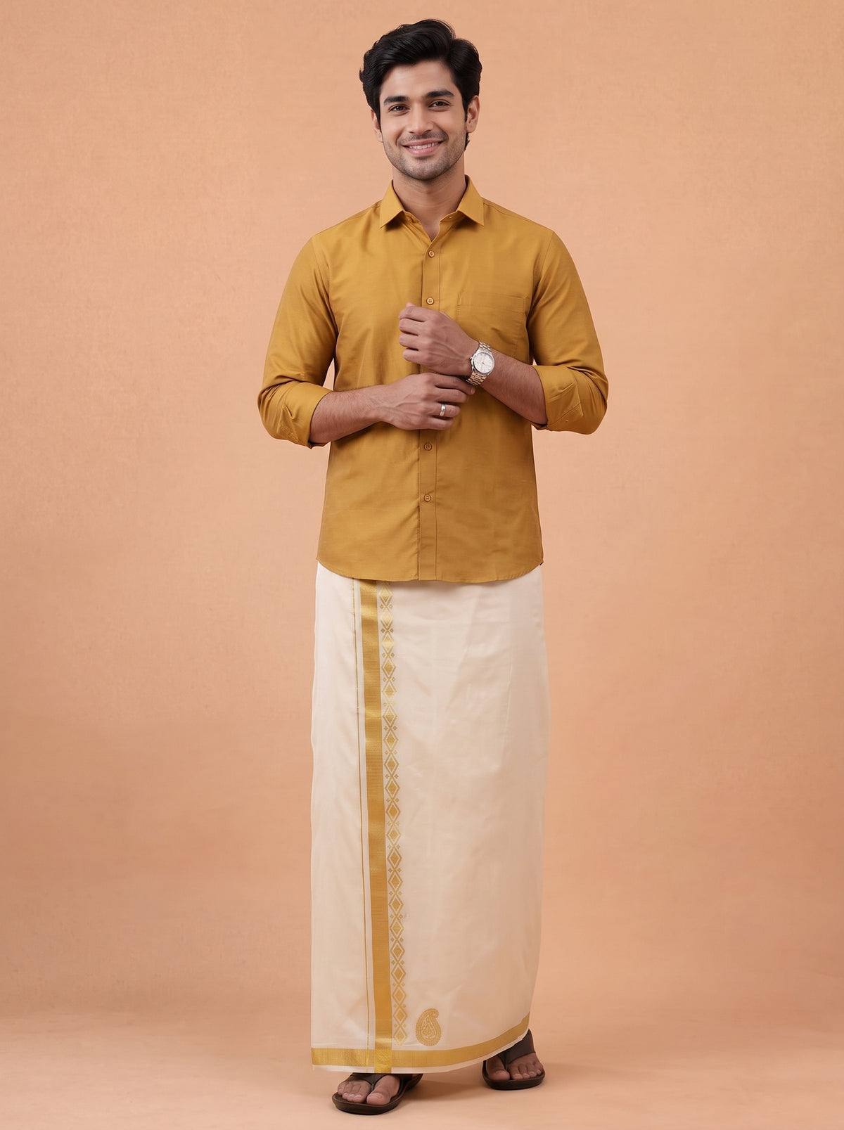 Double Layer Cotton Cream Kora Dhoti With Gold Jari Border - HF Gold HFG06