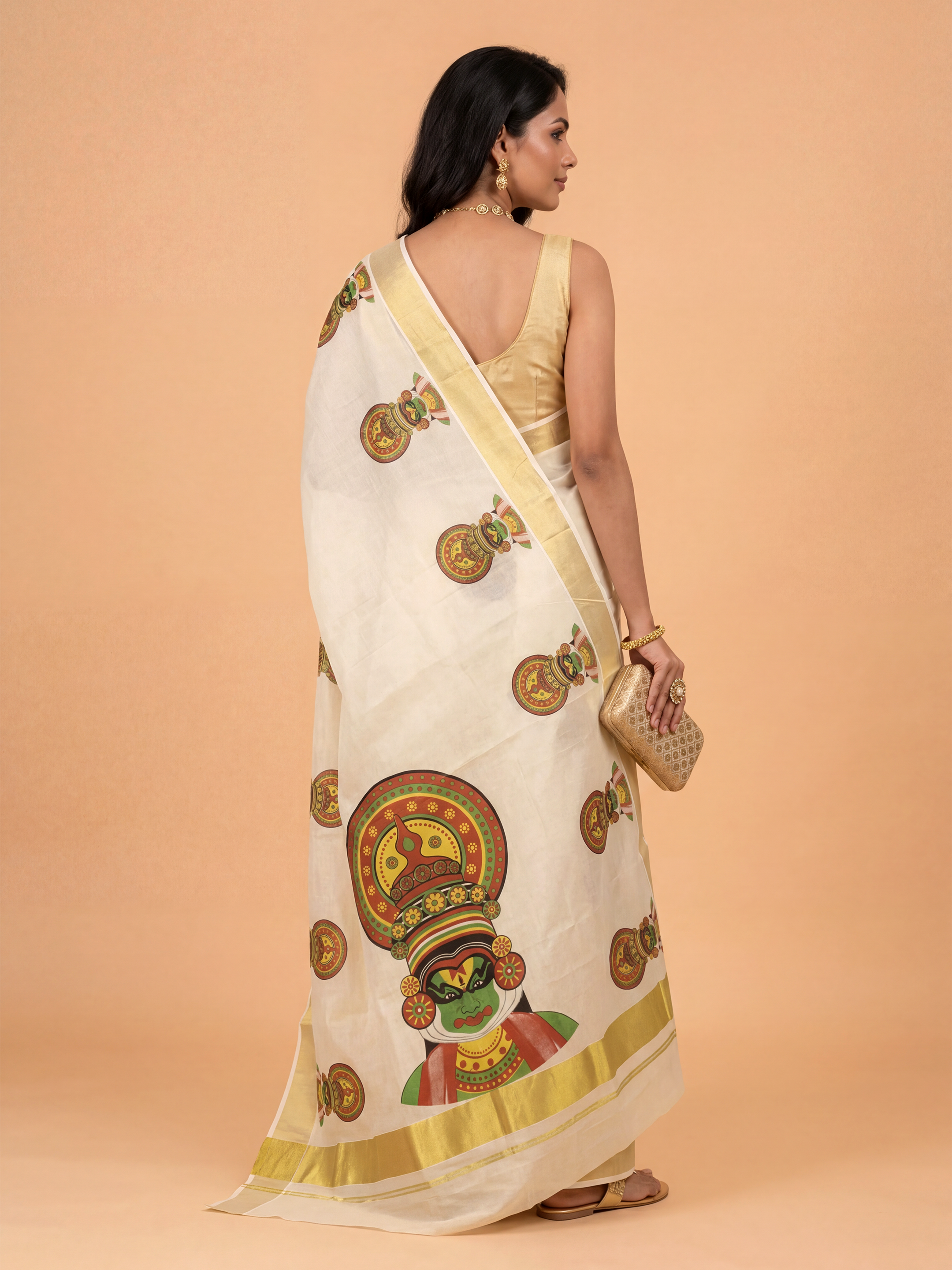 Women Tissue Cream Kathakali Face Printed Kerala Saree KLS25
