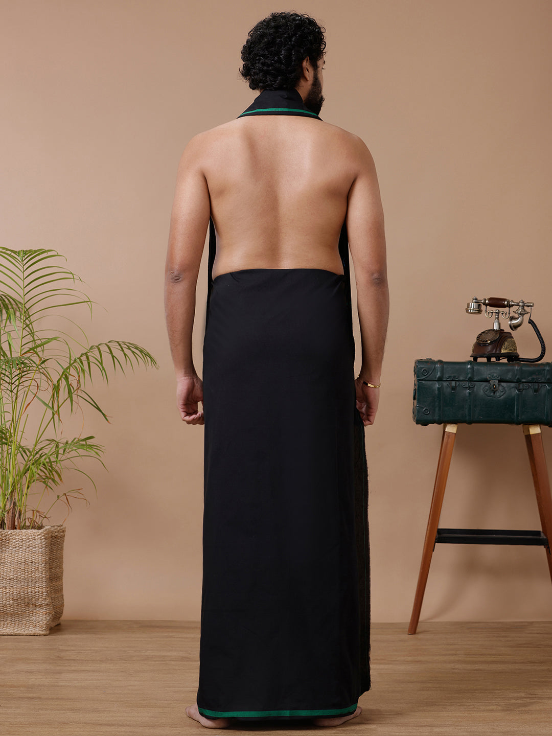Men Cotton Blend Single Layer Black Dhoti & Towel Set with Green Big Border Sukran
