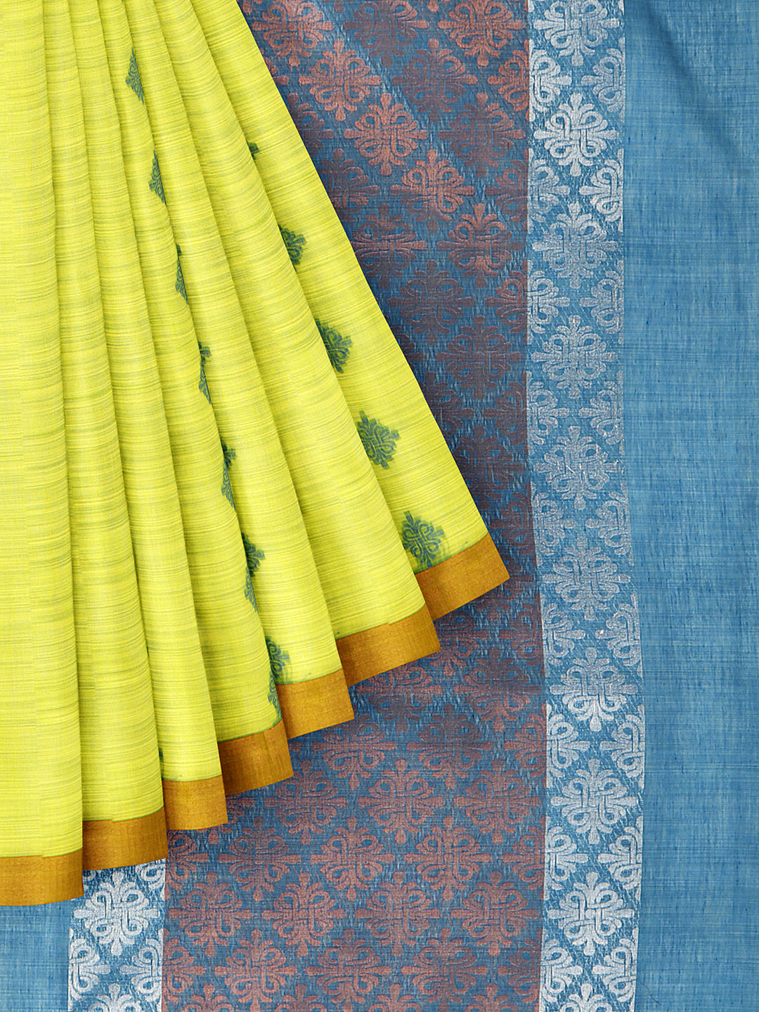 Semi Silk Cotton Allover Design Saree Lemon Yellow with Blue  Gold Jari Border SSC21