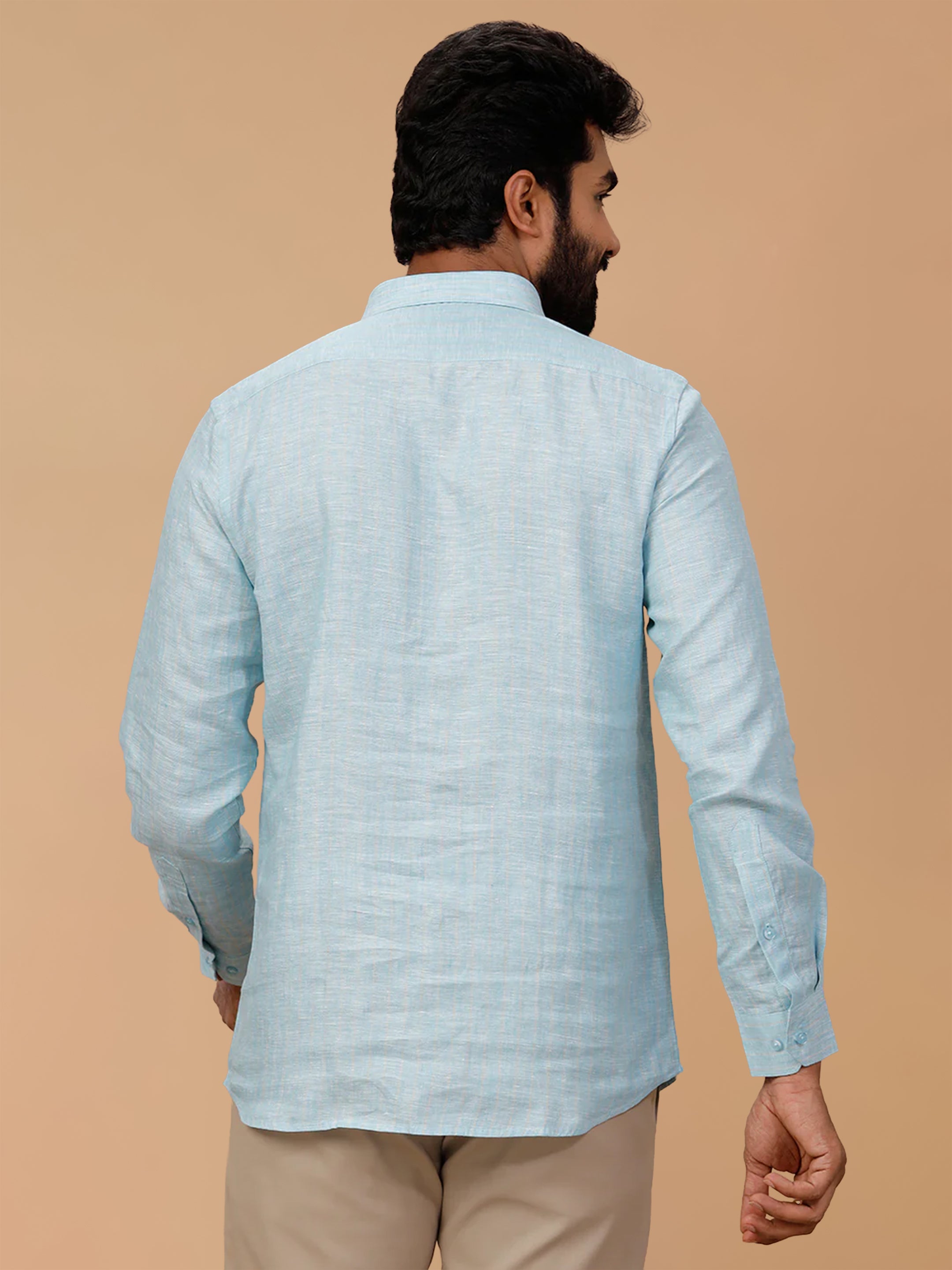 Pure Linen Pale Sky Blue Striped Smart Fit Shirt LS90