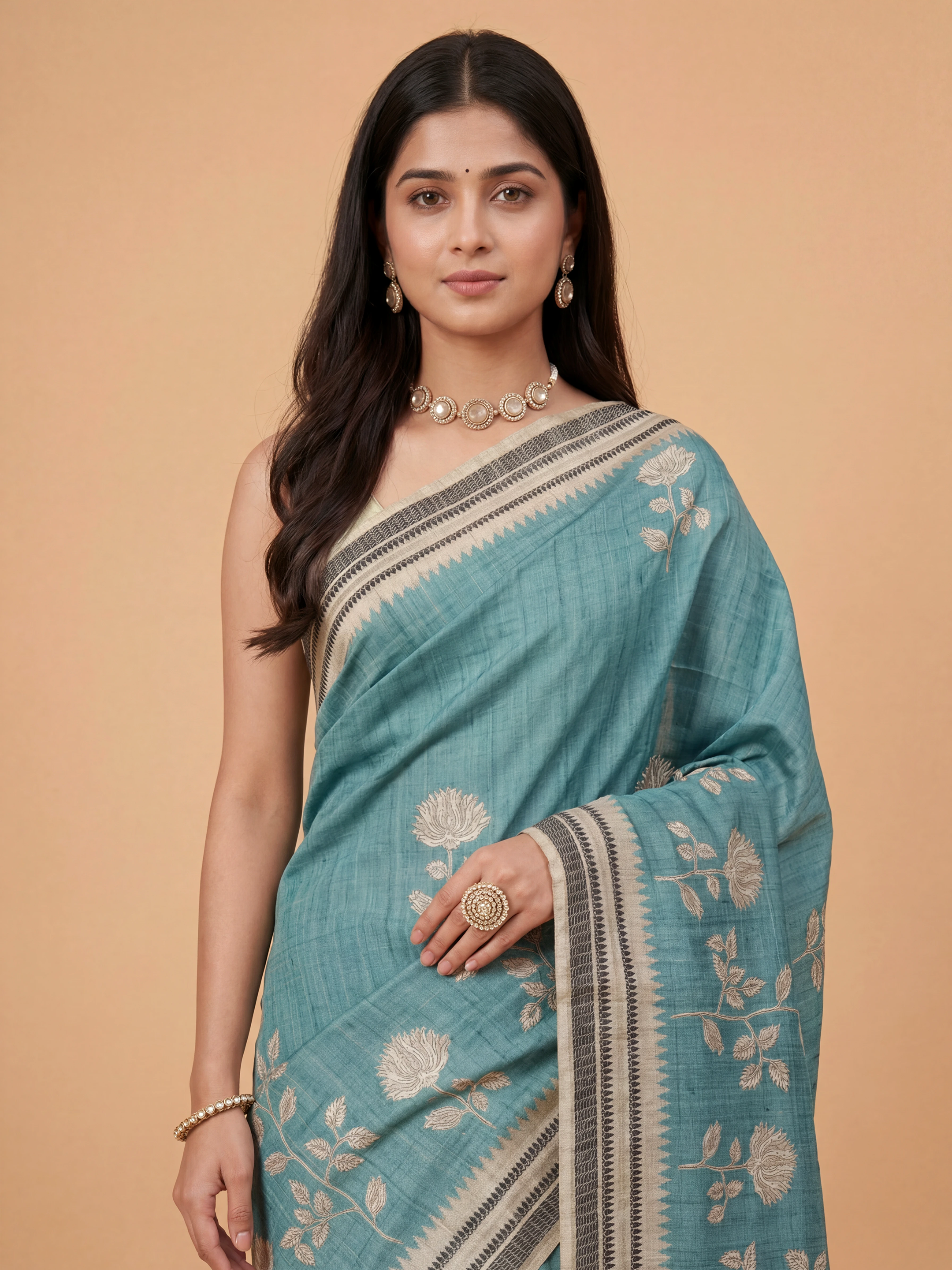 Women Semi Tussar Printed Teal Green Saree ST340
