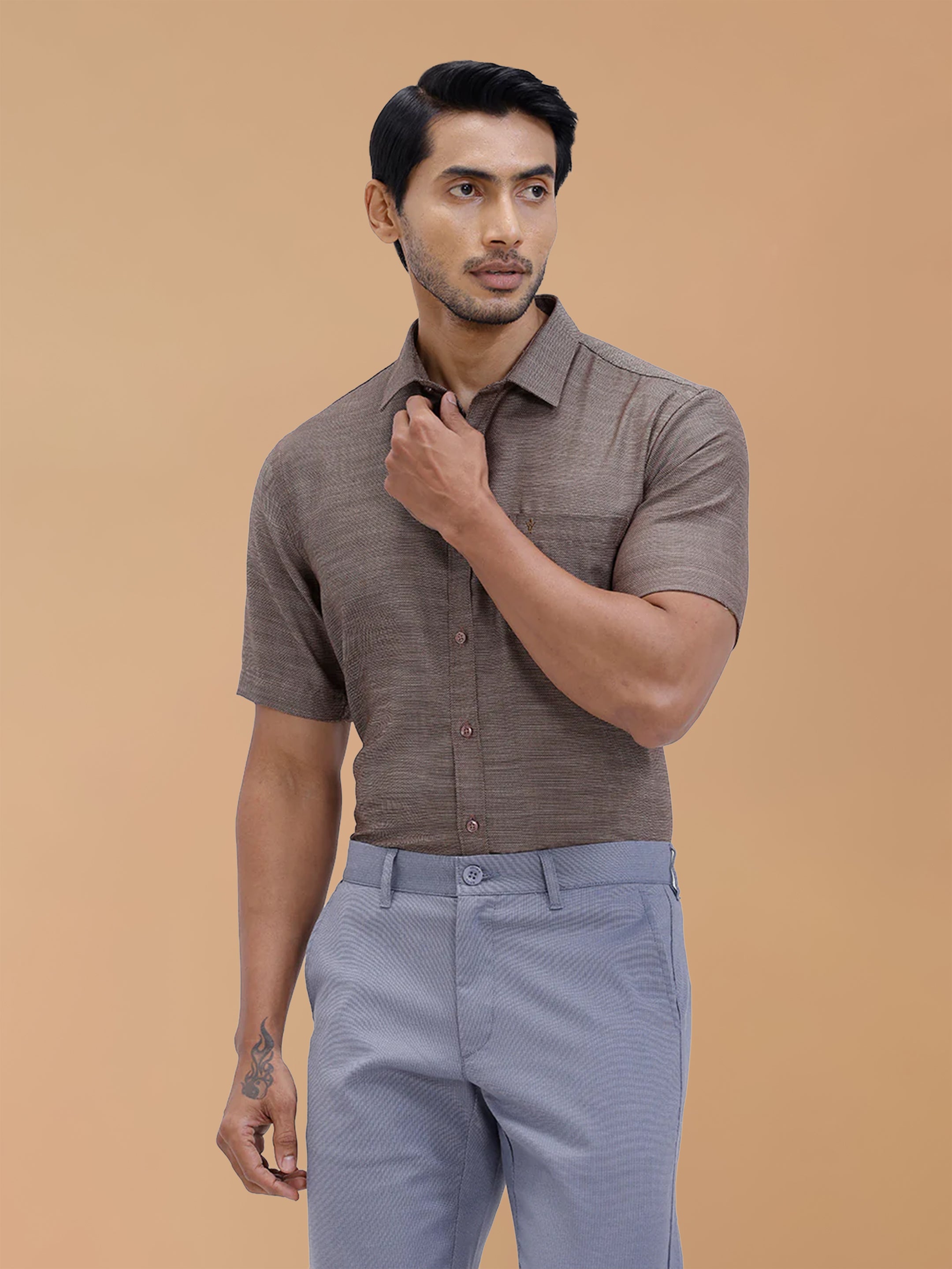 Cotton Rich Brown Dobby Regular Fit Shirt T59 AIT4