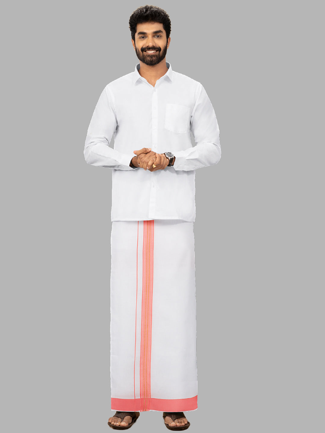 Men Pink Fancy Jari Border Single Layer Adjustable Pocket Dhoti GACJ31