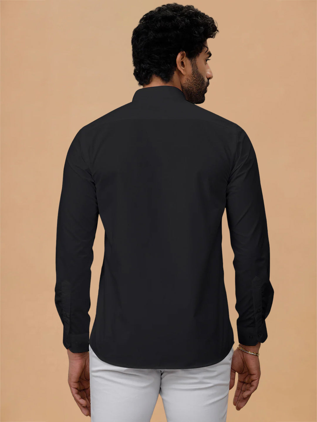 Cotton Rich Chinese Collar Regular Fit Black Shirt