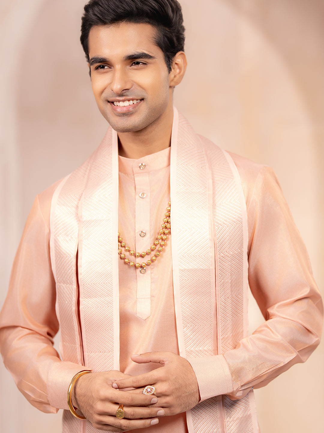Pure Silk Copper Tissue Weaving Rose Gold Meena Jari Dhoti Shirting & Towel Set with 2½" Jari Border – Rajahamsa