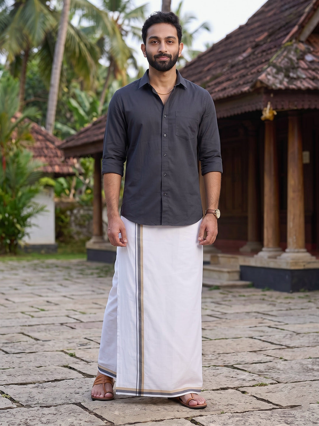Double Layer 100% Cotton White Dhoti with Fancy Border - UF01