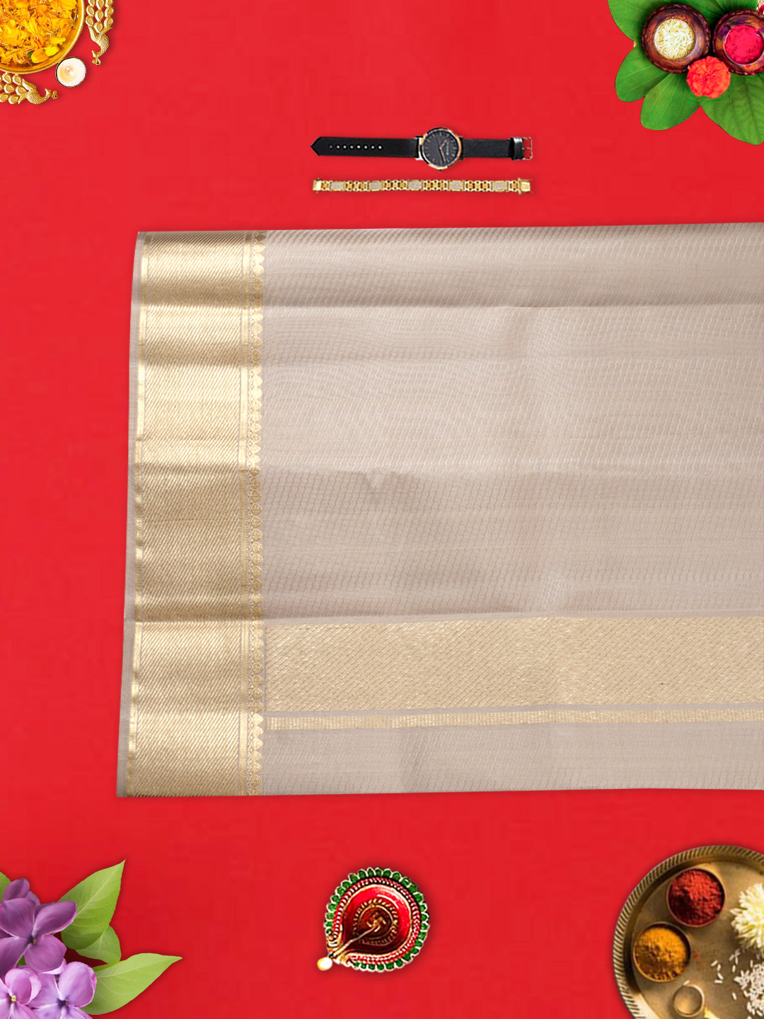 Mens Pure Silk Grey 3 1/2" Gold Jari Border Dhoti with Towel Amirtham-View four