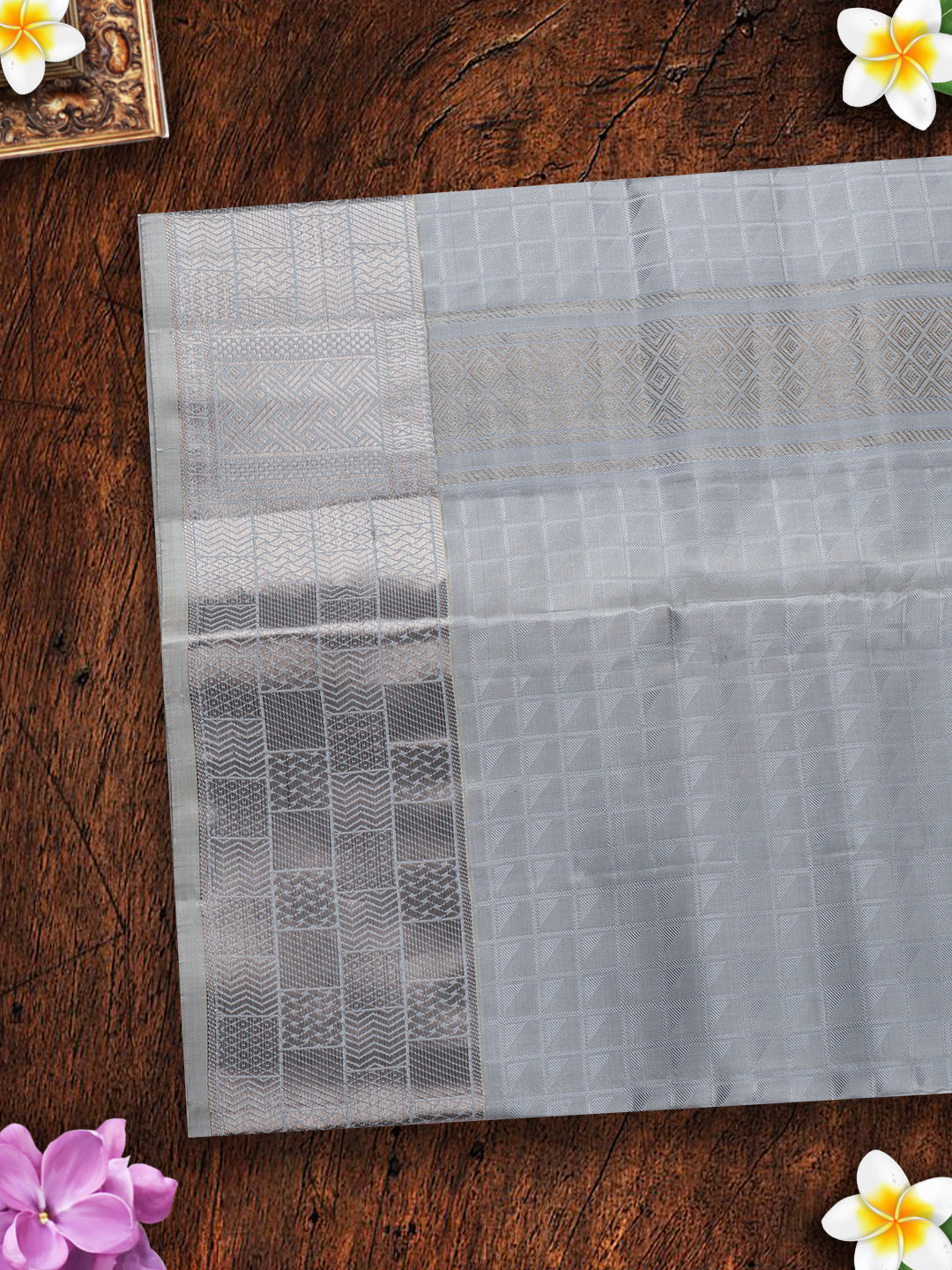 Pure Silk 4" Grey Silver Jari Border Dhoti With Towel Thirukalyan-View four