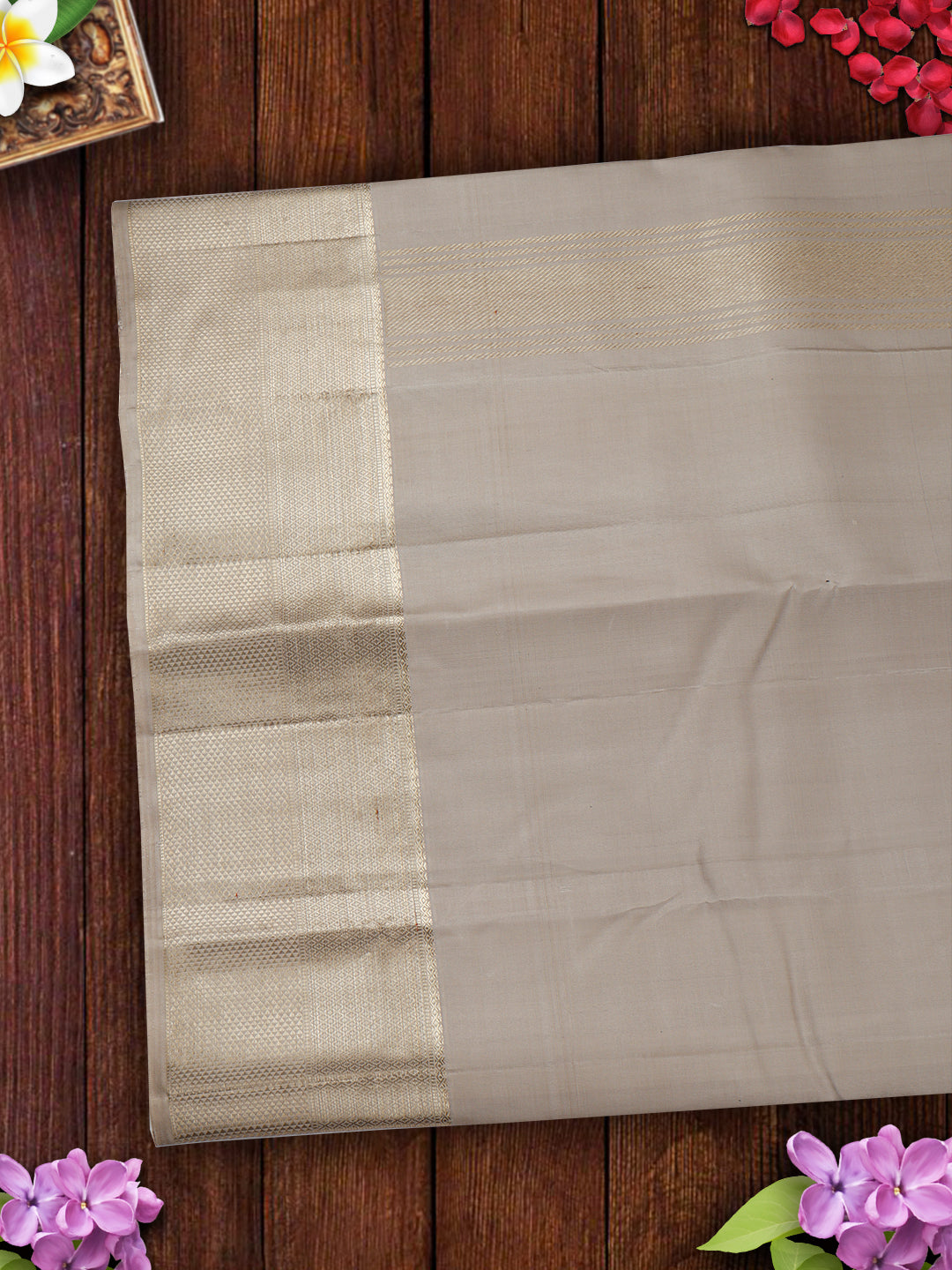 Mens Pure Silk Grey 4 1/2" Fawn Gold Jari Border Dhoti With Towel Amirtham-View four